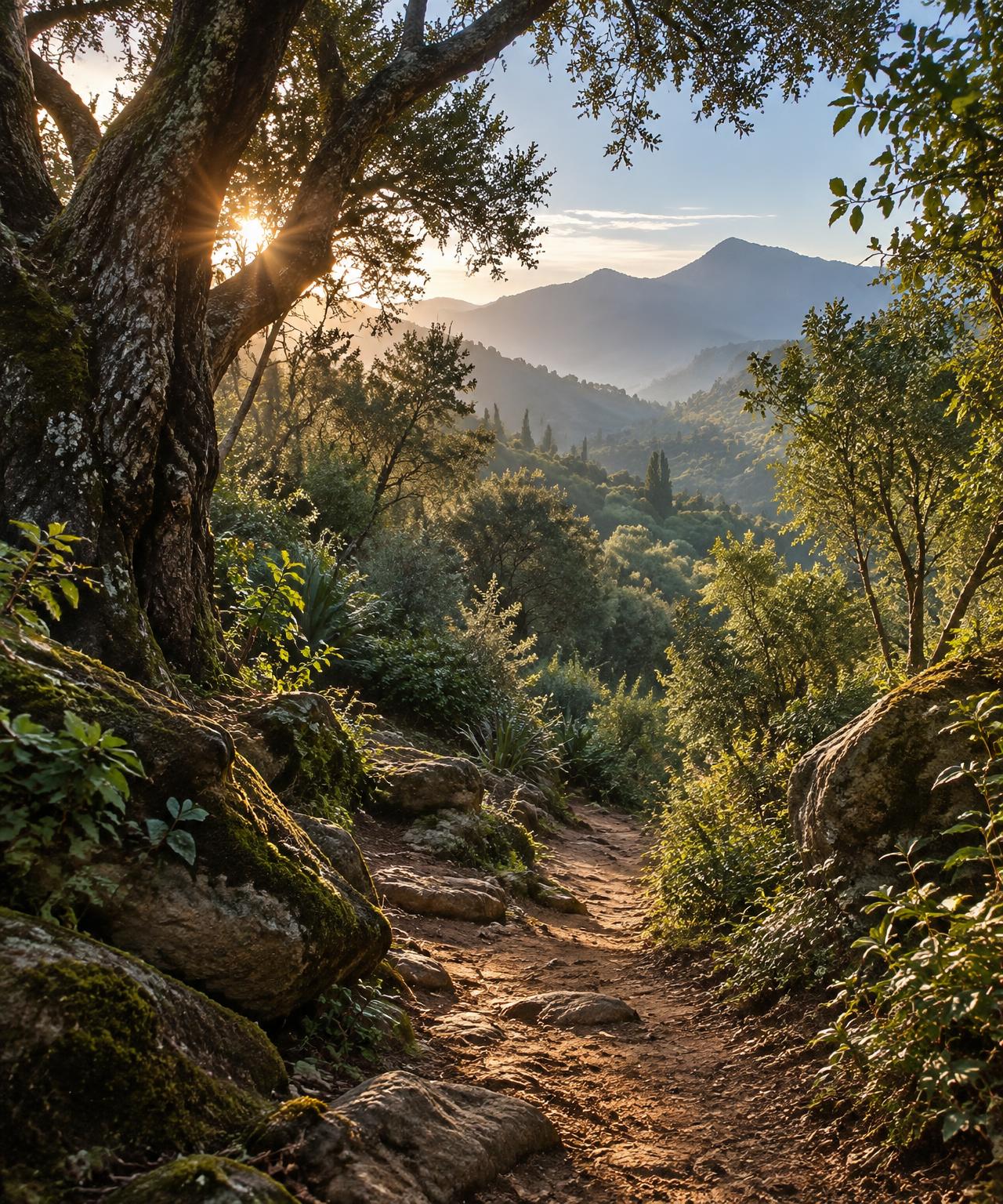 A sunlit earthen path through a textured woodland wilderness